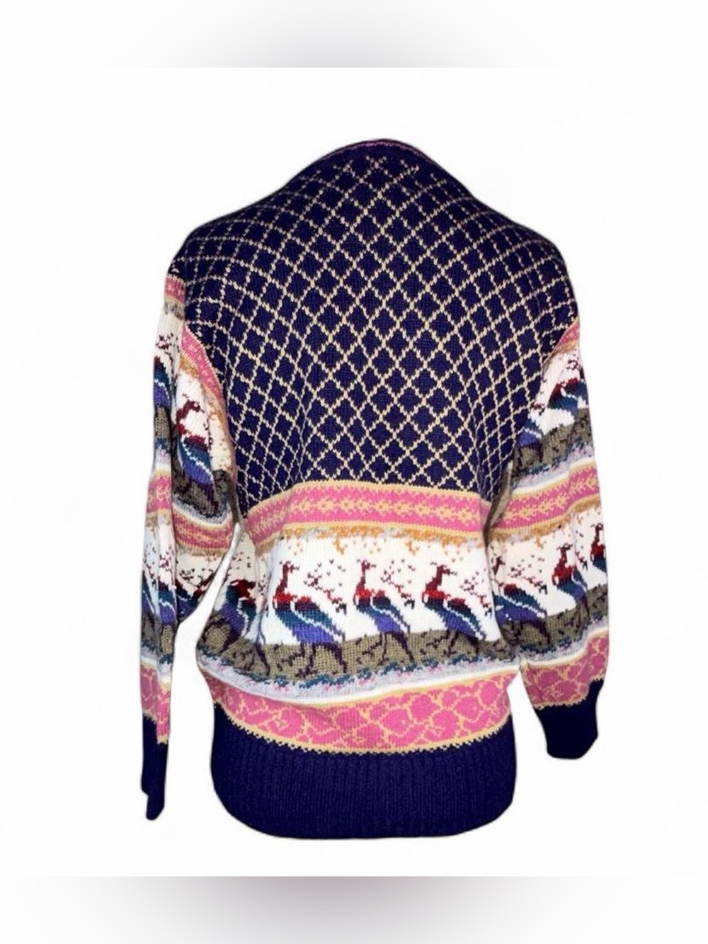 Vintage 80s Peacock Fair Isle Import Workshop Sweater Navy Slouchy Sz S